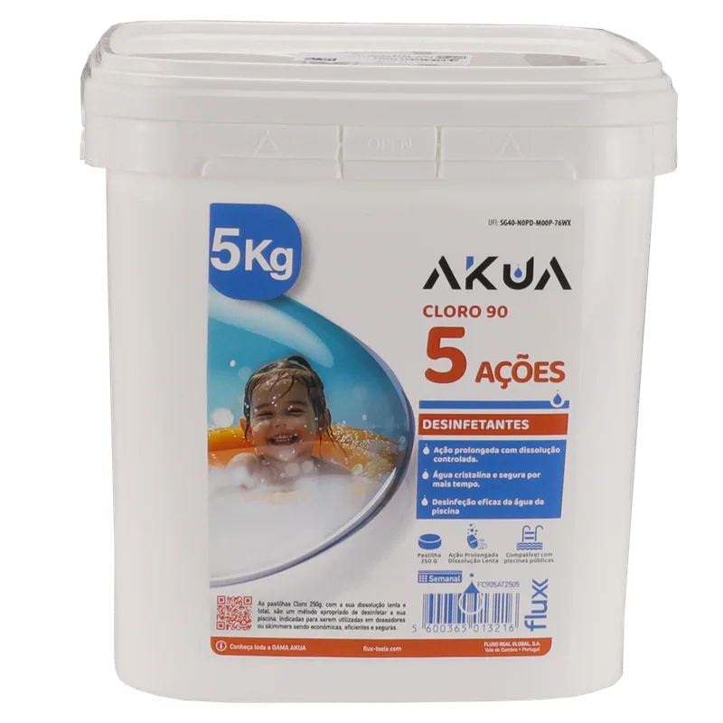 Cloro 90 5 Açoes Tableta 250gr  AKUA 5Kg Flux